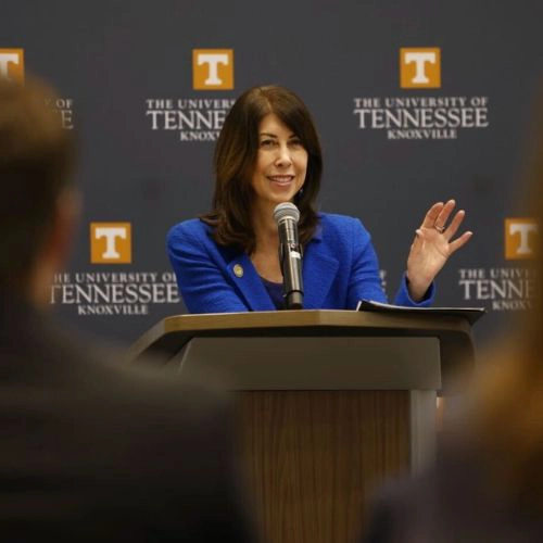 Nancy La Vigne, director of the National Institute of Justice, announcing two research grants during a site visit to UT.